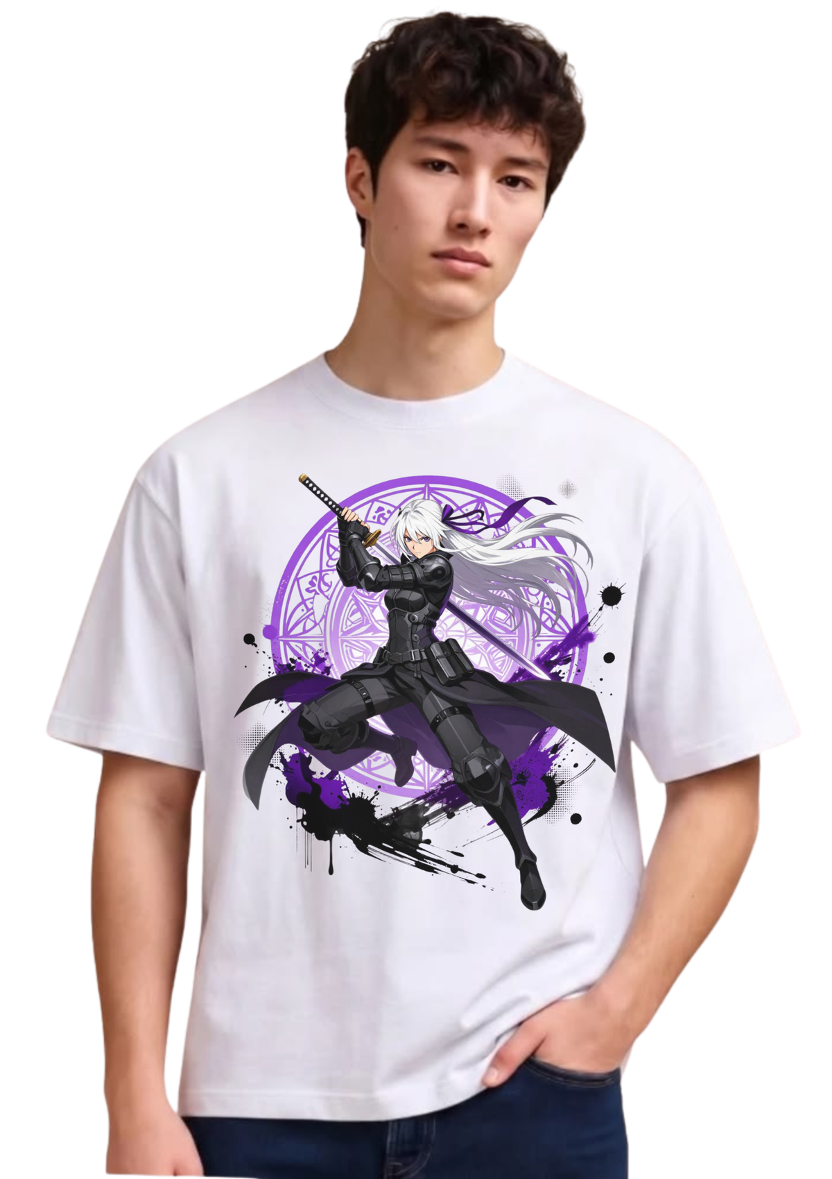 Anime Swordswoman Graphic Oversized T-Shirt for Men | 100% Cotton | 220 GSM | Tee Firm
