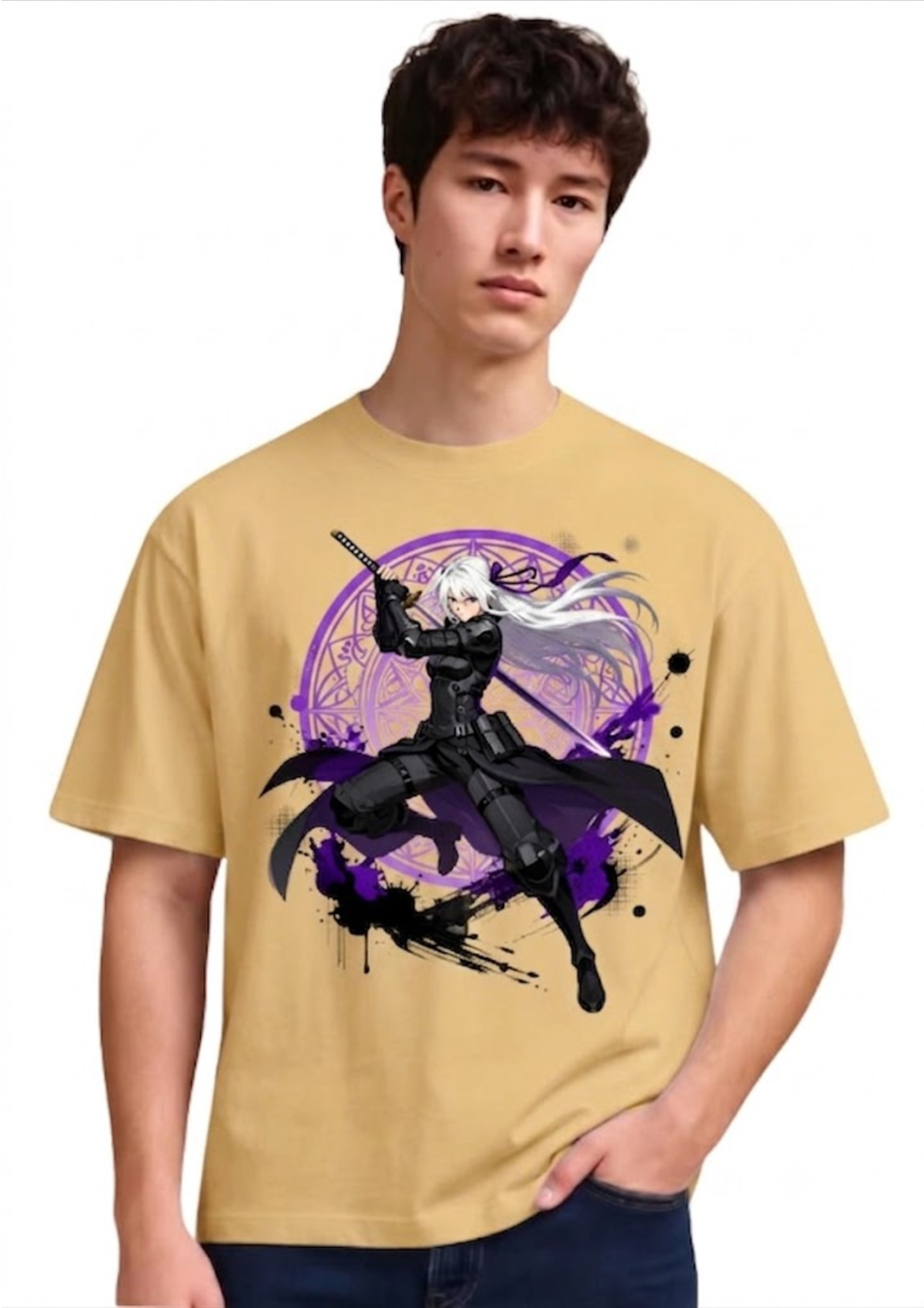 Anime Swordswoman Graphic Oversized T-Shirt for Men | 100% Cotton | 220 GSM | Tee Firm