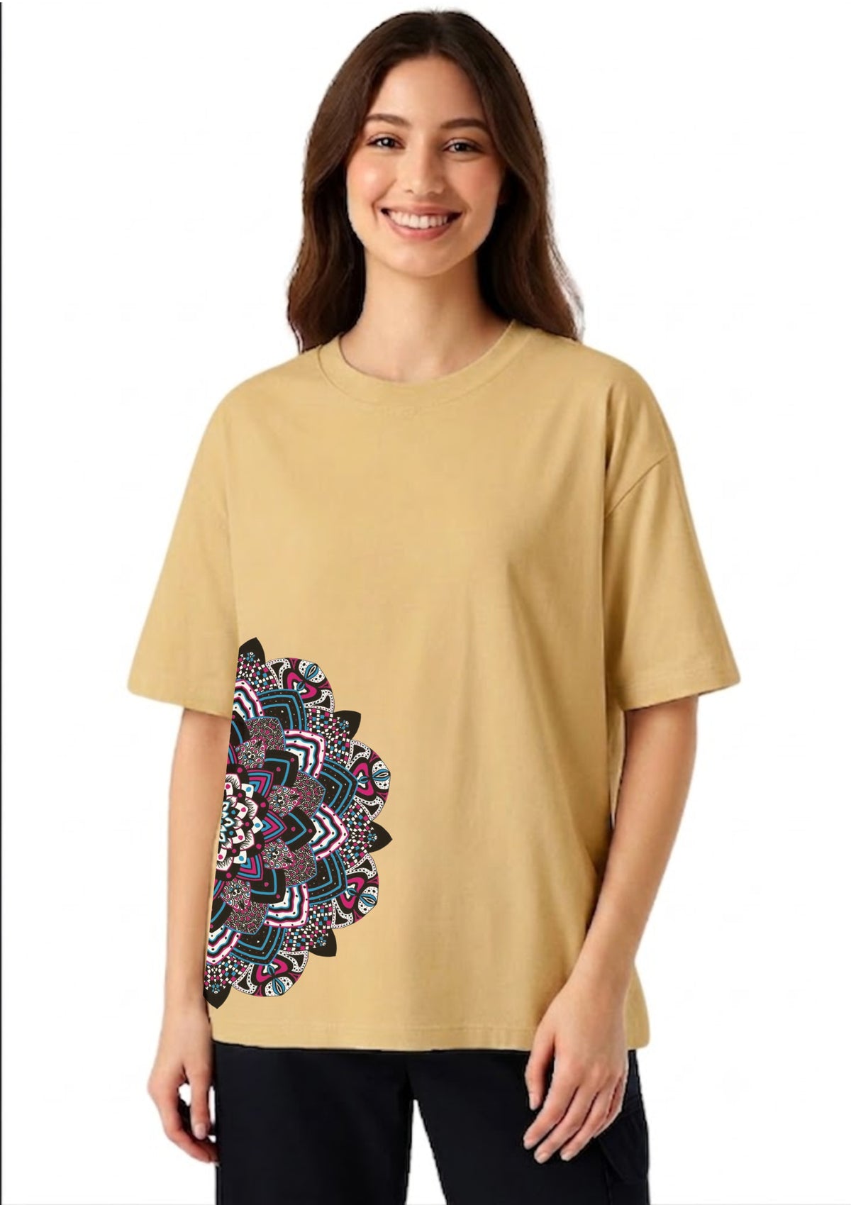 Half Mandala Graphic Oversized T-Shirt for Women | 100% Cotton | 220 GSM | Tee Firm