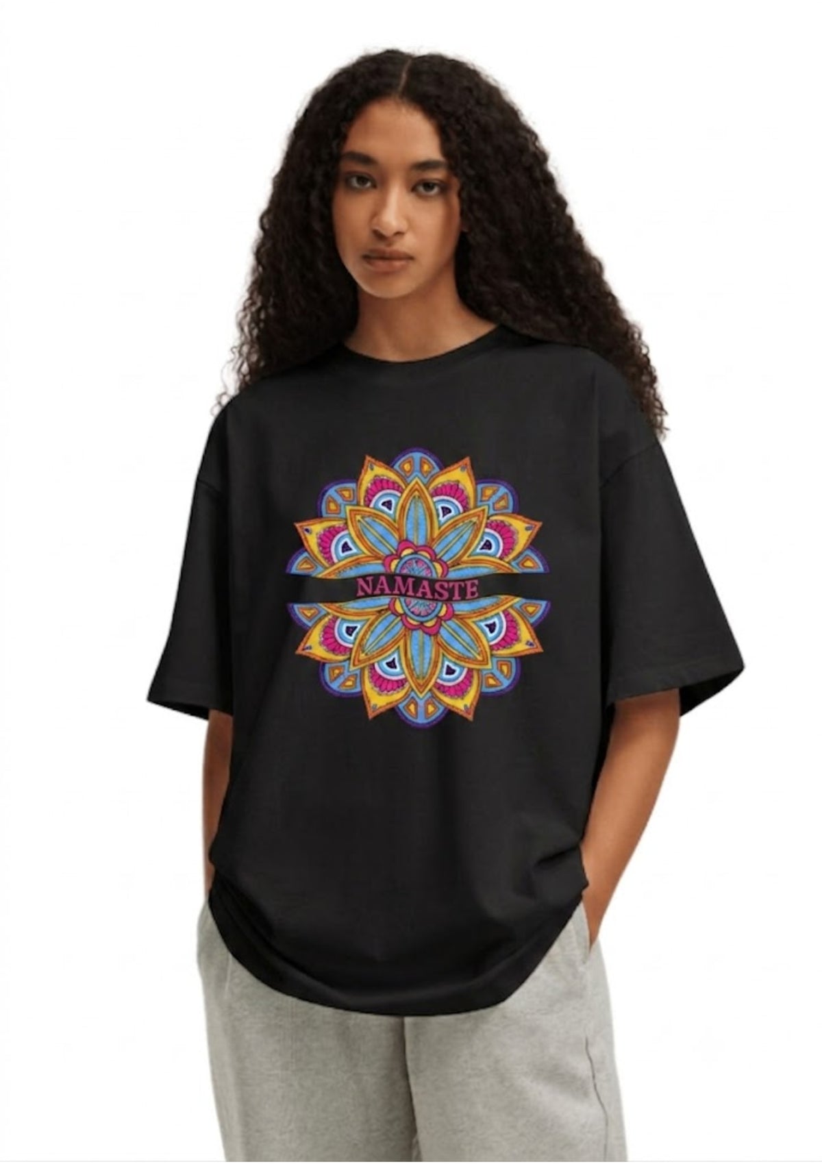 Namaste Mandala Graphic Oversized T-Shirt for Women | 100% Cotton | 220 GSM | Tee Firm