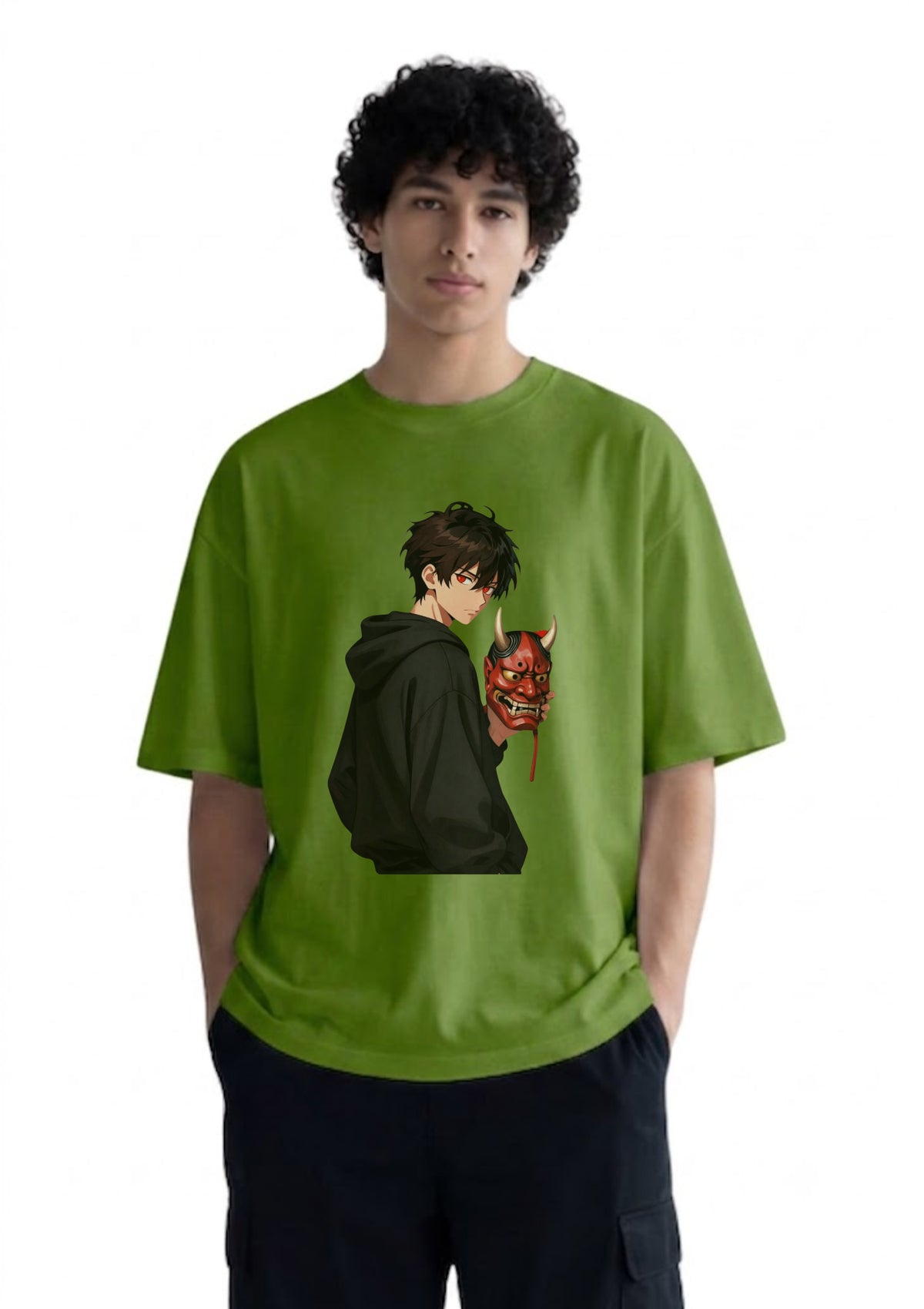 Anime Oni Mask Graphic Oversized T-Shirt for Men | 100% Cotton | 220 GSM | Tee Firm