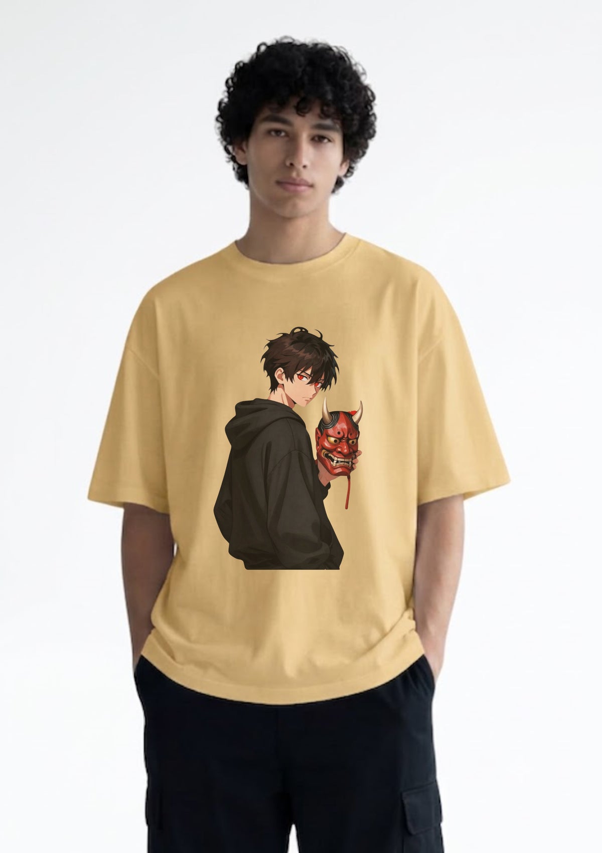 Anime Oni Mask Graphic Oversized T-Shirt for Men | 100% Cotton | 220 GSM | Tee Firm