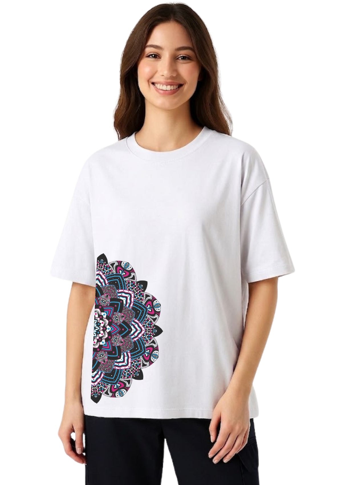 Half Mandala Graphic Oversized T-Shirt for Women | 100% Cotton | 220 GSM | Tee Firm