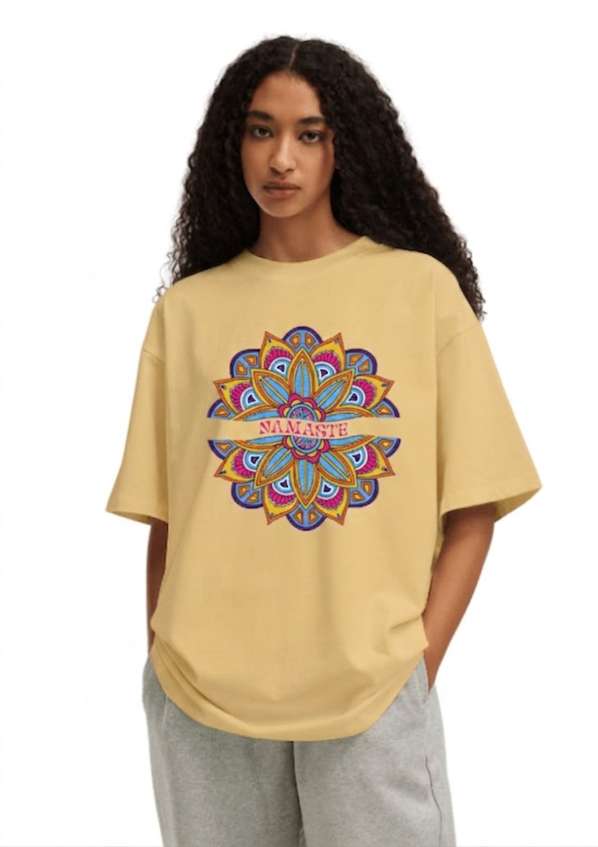 Namaste Mandala Graphic Oversized T-Shirt for Women | 100% Cotton | 220 GSM | Tee Firm