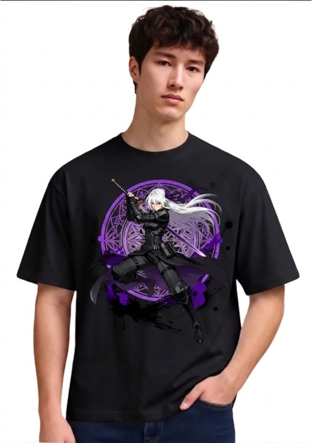 Anime Swordswoman Graphic Oversized T-Shirt for Men | 100% Cotton | 220 GSM | Tee Firm