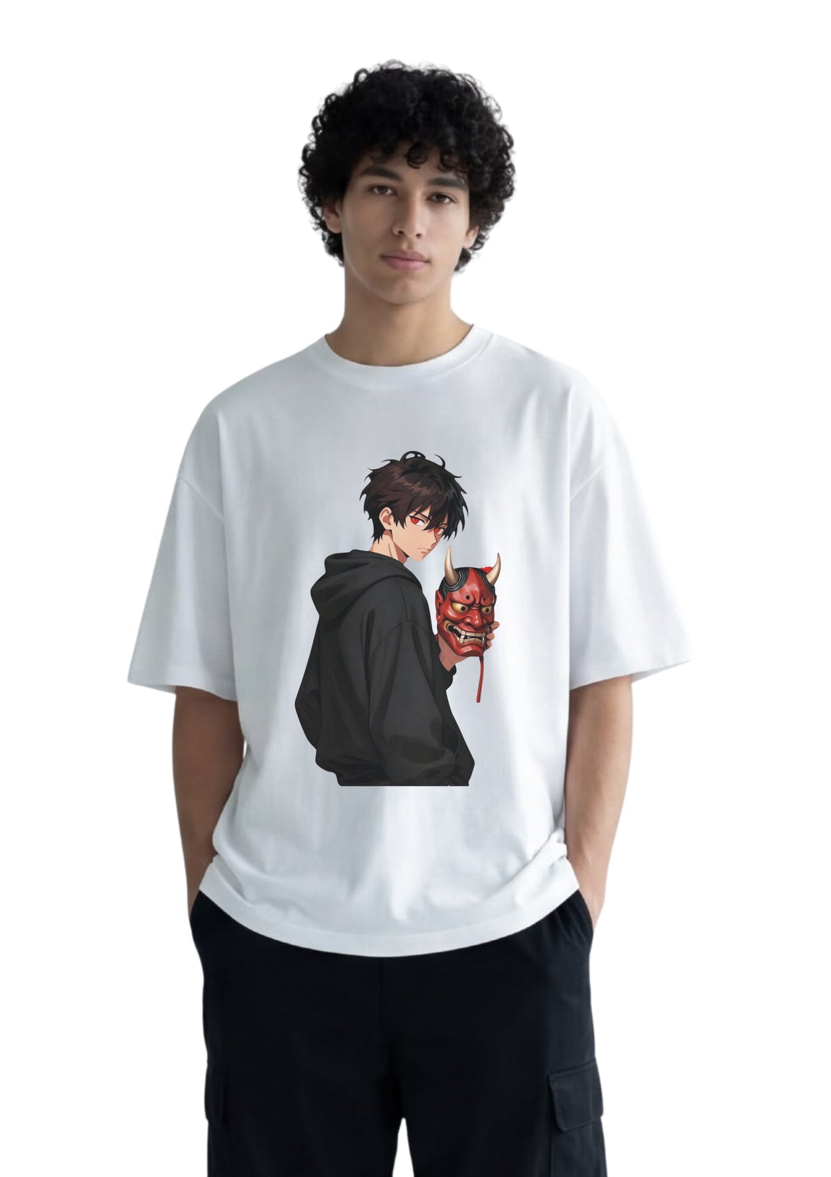 Anime Oni Mask Graphic Oversized T-Shirt for Men | 100% Cotton | 220 GSM | Tee Firm